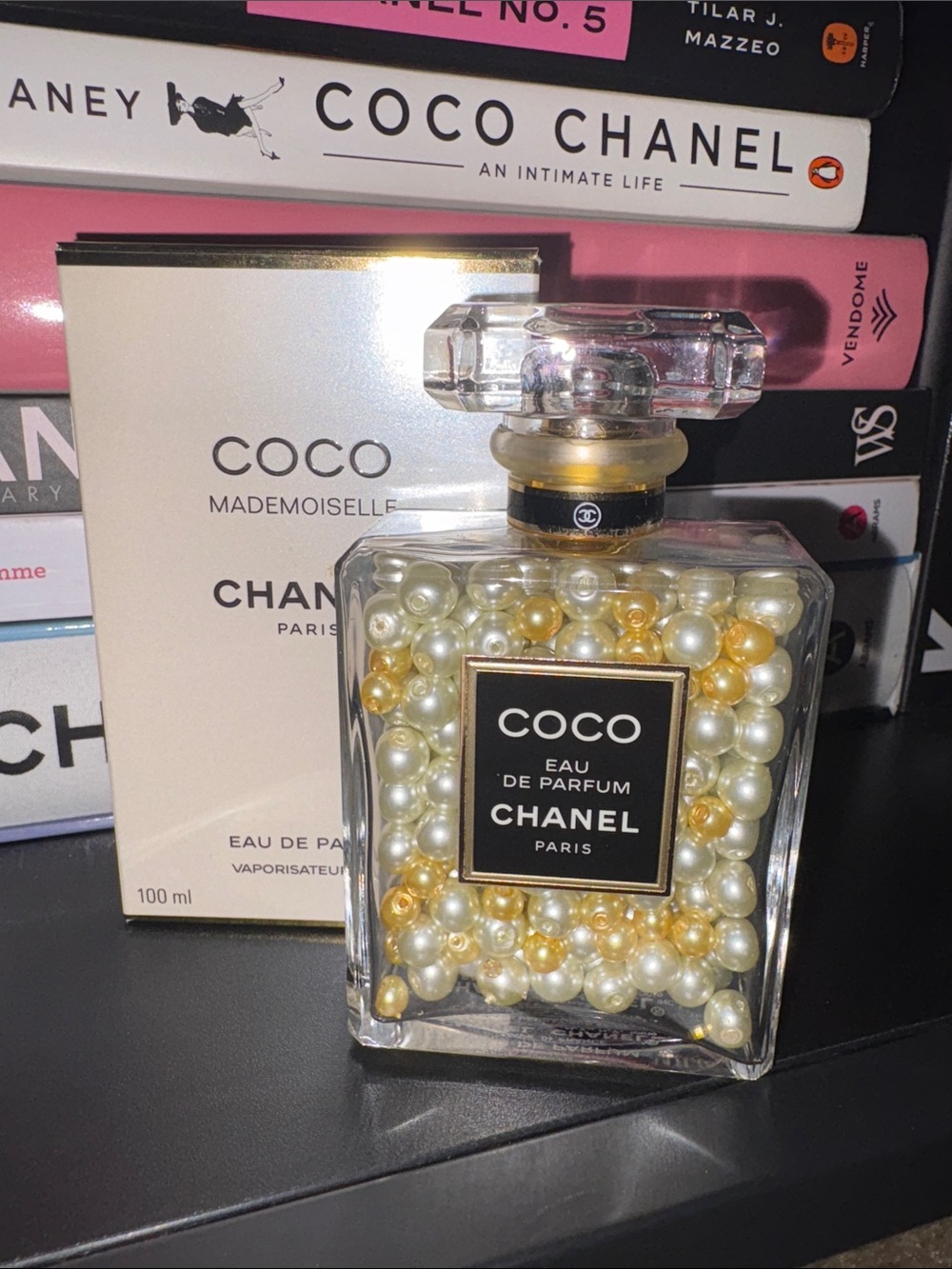 CHANEL Coco Eau de Parfum Bottle with White and Gold Pearl Fill